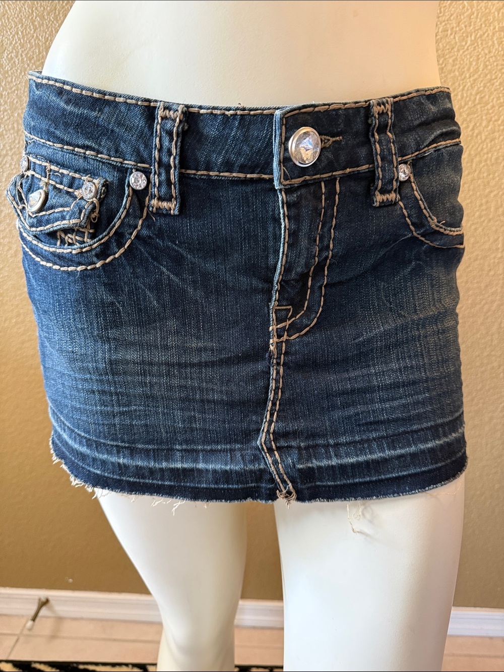 L.A. idol Dark Blue Denim Mini Skirt with Crystal Button